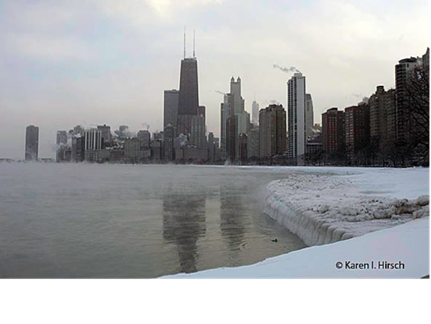 Chicago skyline in winter taken from North Avenue Beach.
