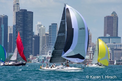 Sailboats with spinnakers at start of Race to Mackinac