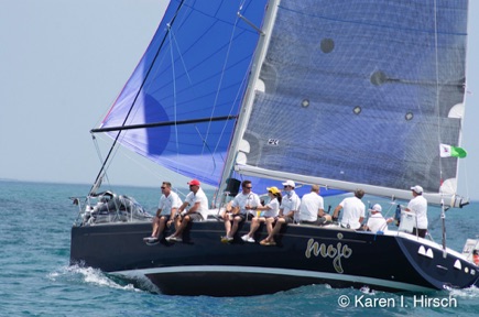 Mojo sailboat with blue spinnaker - view of crew